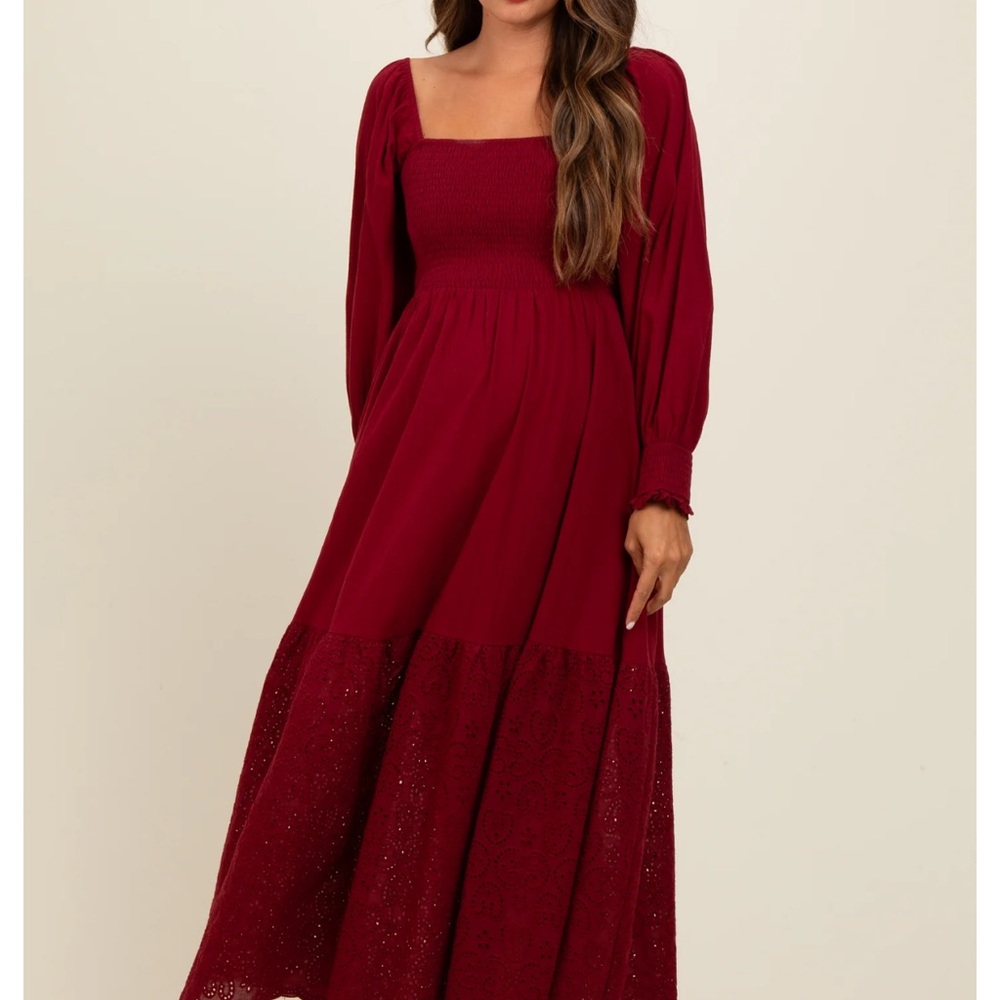 Burgundy Smocked Eyelet Lace Hem Maternity Maxi Dress